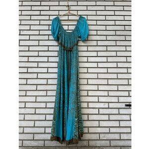 Lotus Traders Boho Blue Brown Puff Sleeve Renaissance Maxi Dress OS Fairycore